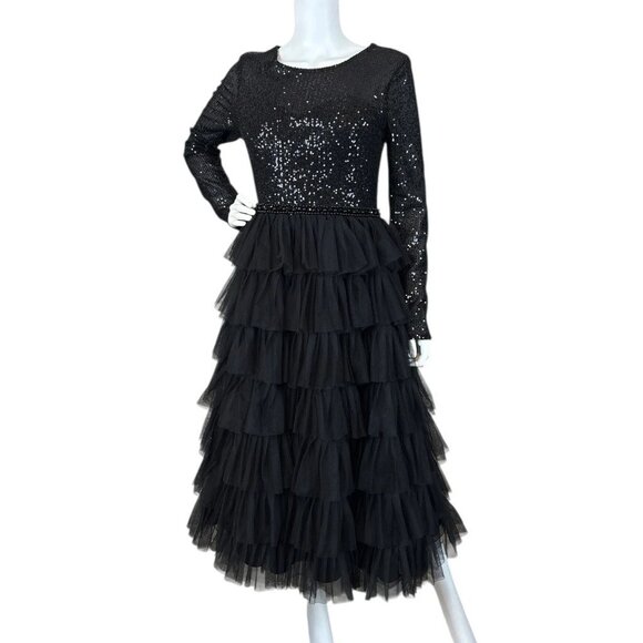 Ieena Mac Duggal Sequined Tiered Ruffle Formal Evening Dress Gown Black Size 8